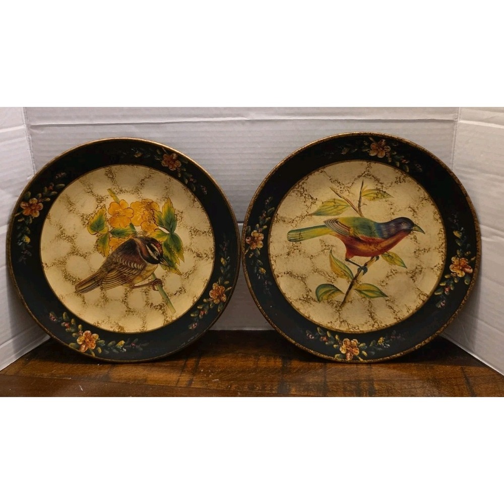 Vintage Bird Decorative Wall Plates Pair 10.5" Black Border Gold Trim Chinoiseri